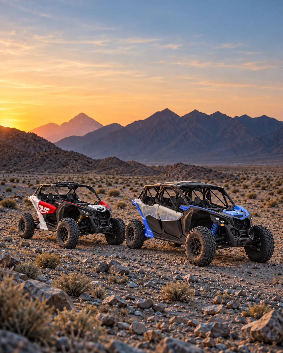 Buggies Can-Am Maverick dans le désert d’Agafay face à l’Atlas