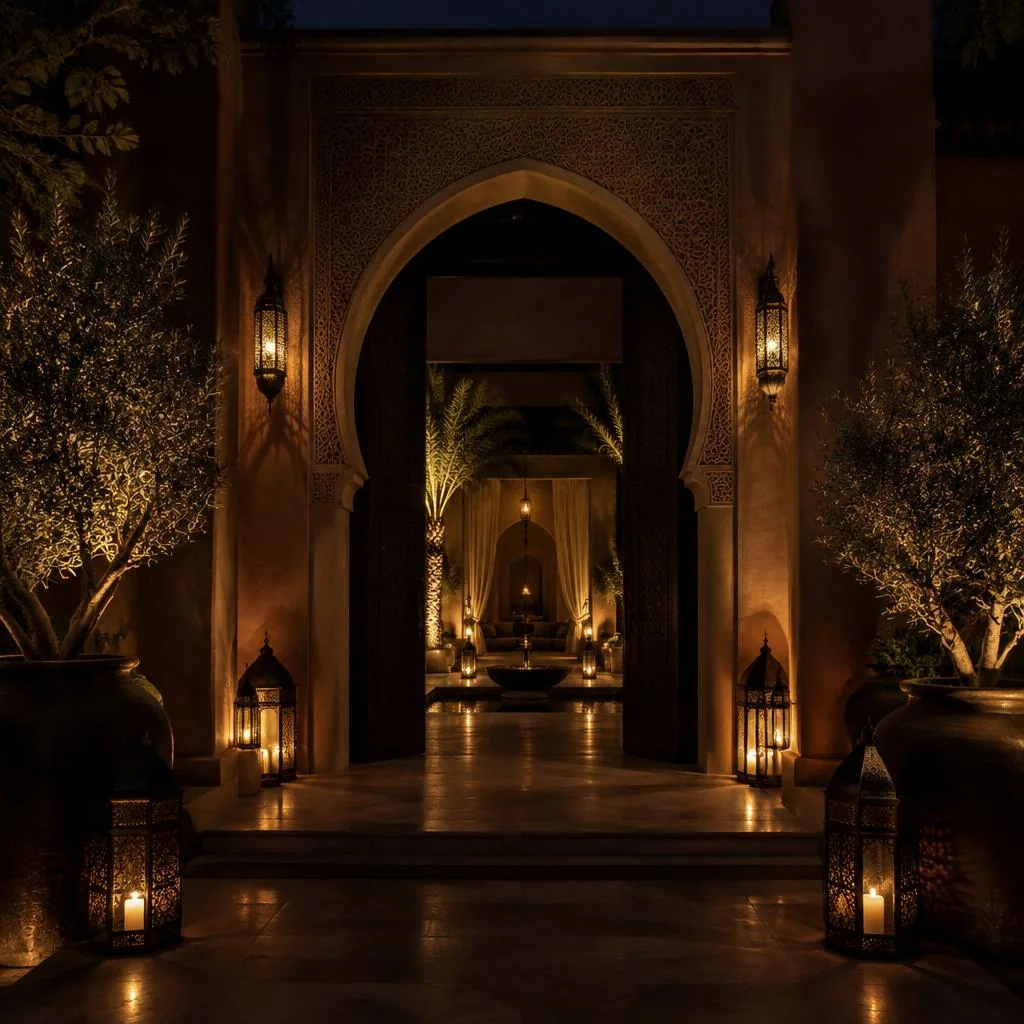 Entrée d'un lieu événementiel exclusif à Marrakech la nuit