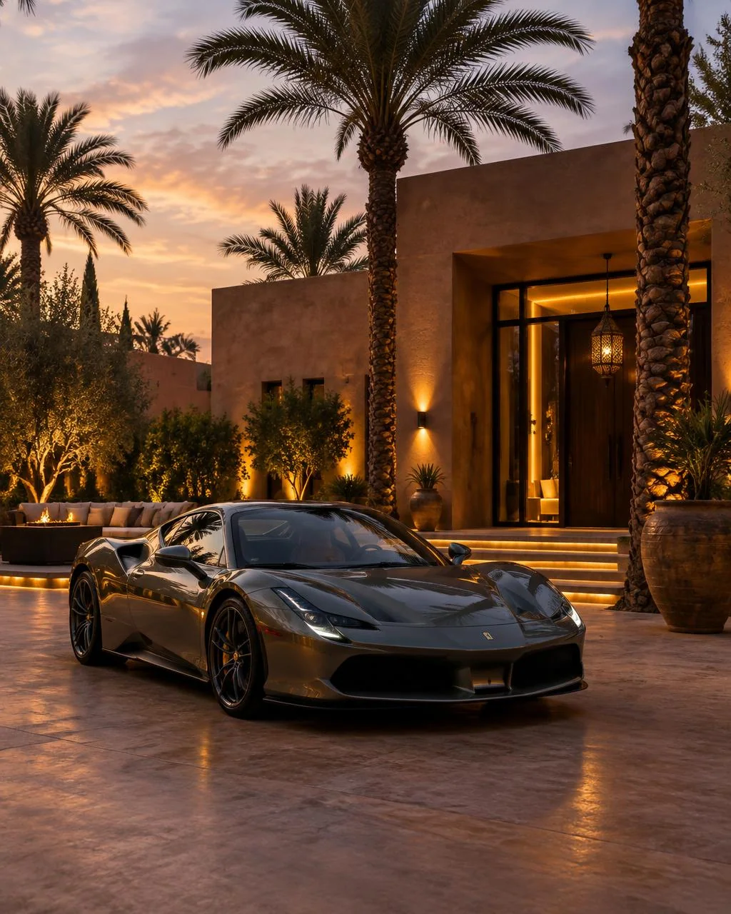 Voiture de sport devant une villa de Marrakech au crépuscule